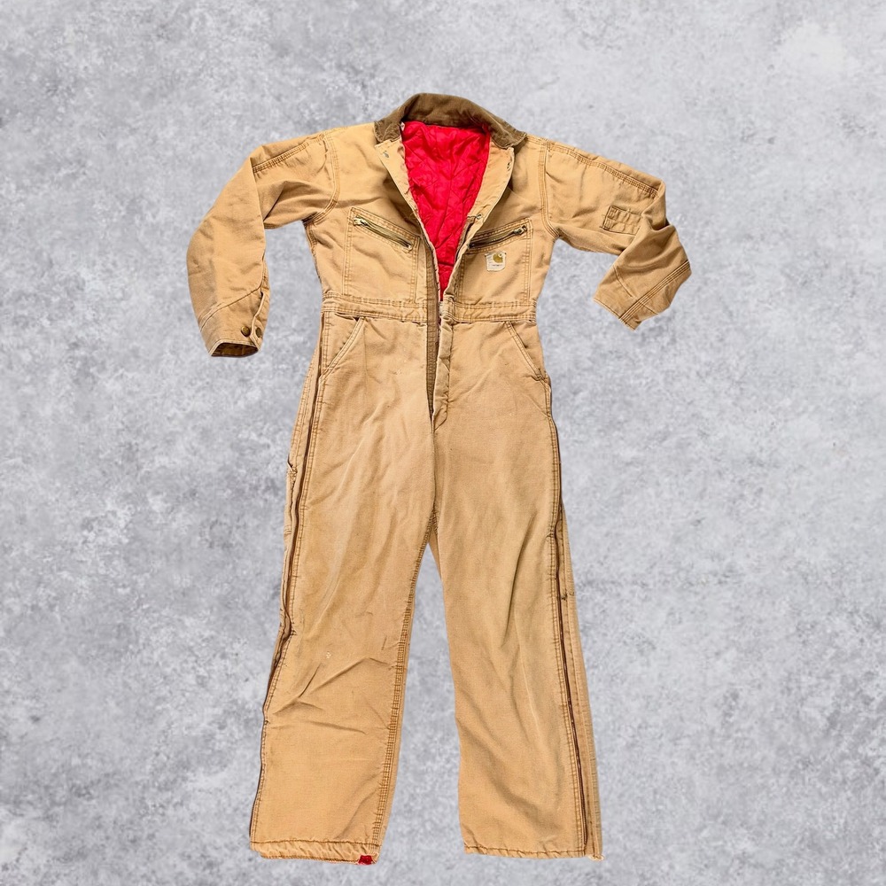 Vintage Carhartt Duck Canvas Insulated Coveralls Tan Corduroy Collar 34S USA